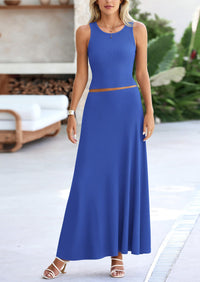 PRETTYGARDEN 2 Piece Maxi Skirt Sets Casual Knit Cropped Tank Top High Waisted Long Skirts Outfit