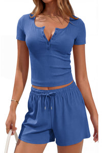 PRETTYGARDEN 2 Piece Sets For Women Summer Short Sleeve Button Up Shirts Drawstring Elastic Waist Shorts Lounge Set 2026 PRETTYGARDEN