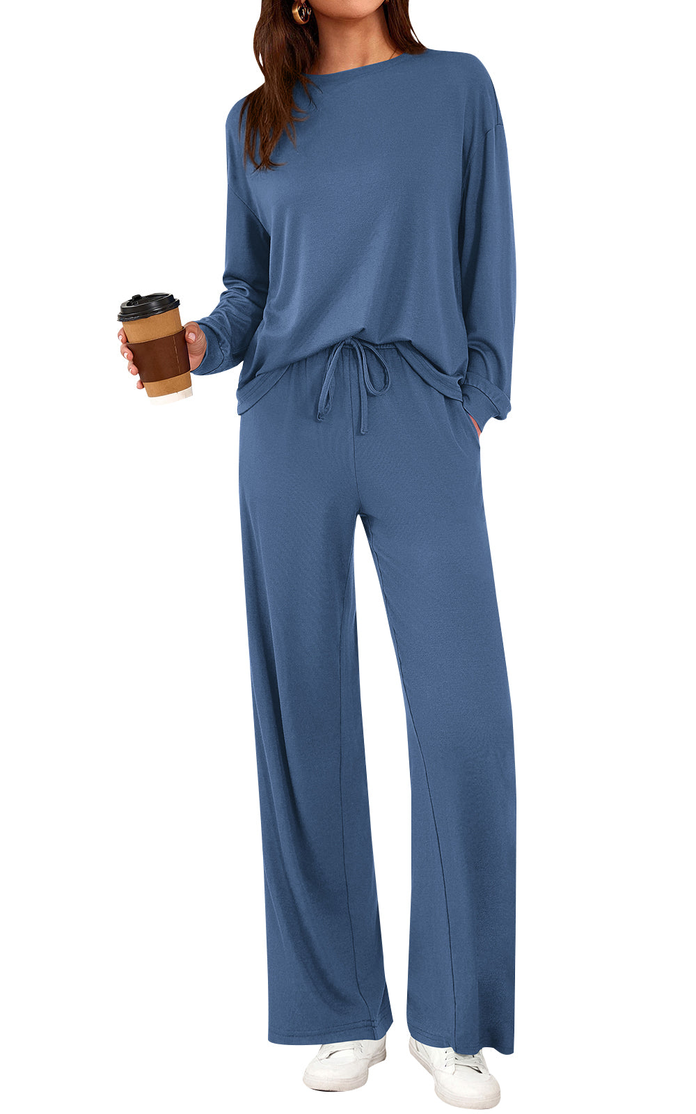 PRETTYGARDEN Womens 2 Pieces Lounge Sets Crewneck Long Sleeve Wide Leg Drawstring Pants Tracksuits Loose Fit Outfits Set