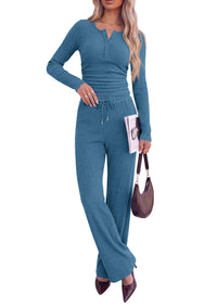 PRETTYGARDEN Two Piece Lounge Sets for Women Fall Fashion | Soft Stretchy Rib Knit,Long Sleeve Henley Tops,High Waisted Wide Leg Pants,Matching Holiday Vacation,Airport Travel Outfits