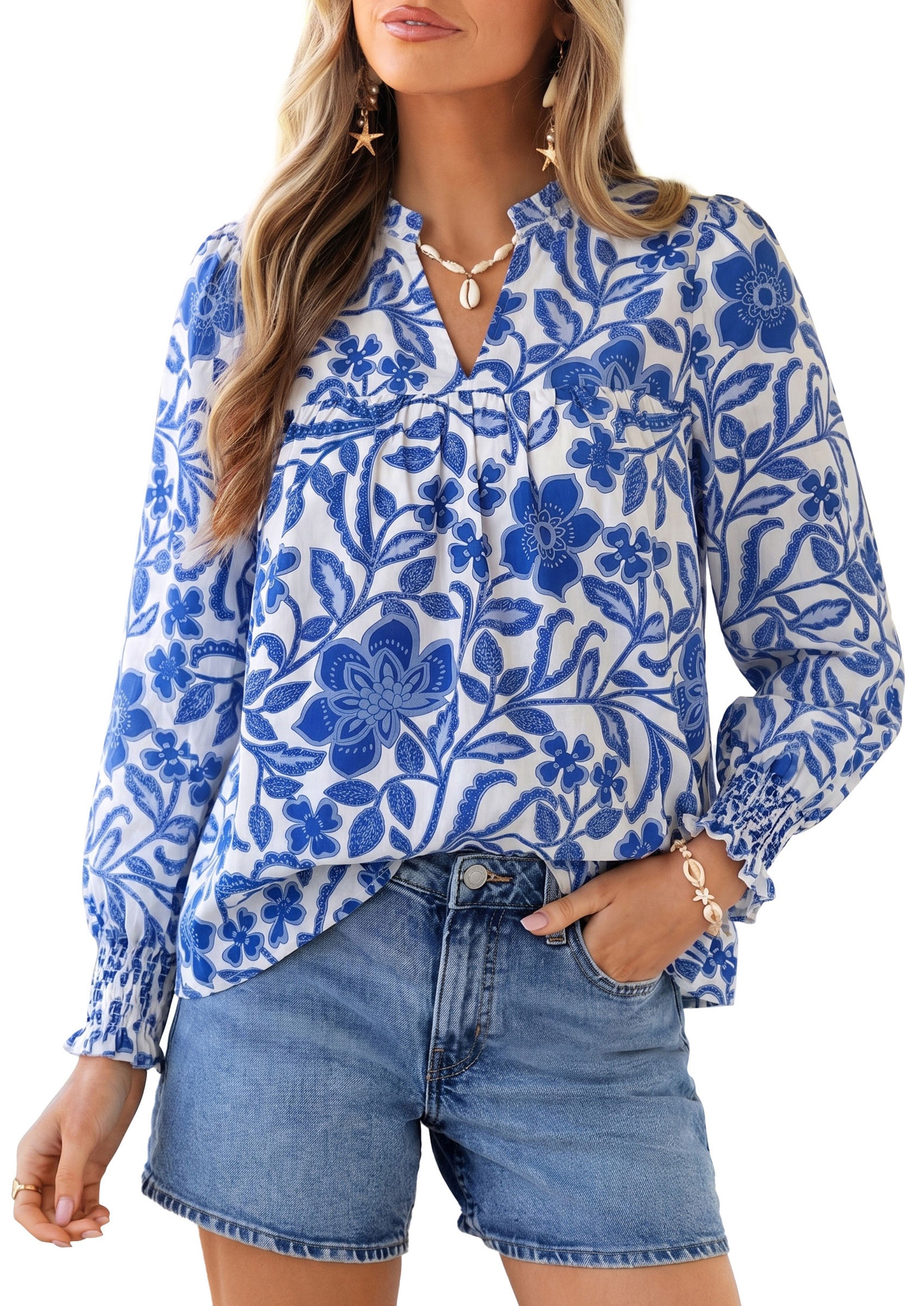 PRETTYGARDEN Women's Boho Floral Blouses Dressy Casual | Trendy Printed, Long Sleeve V Neck Tops, Bohemian Polka Dot Striped Shirt, Going Out Vacation Outfits, Fall Fashion Clothing