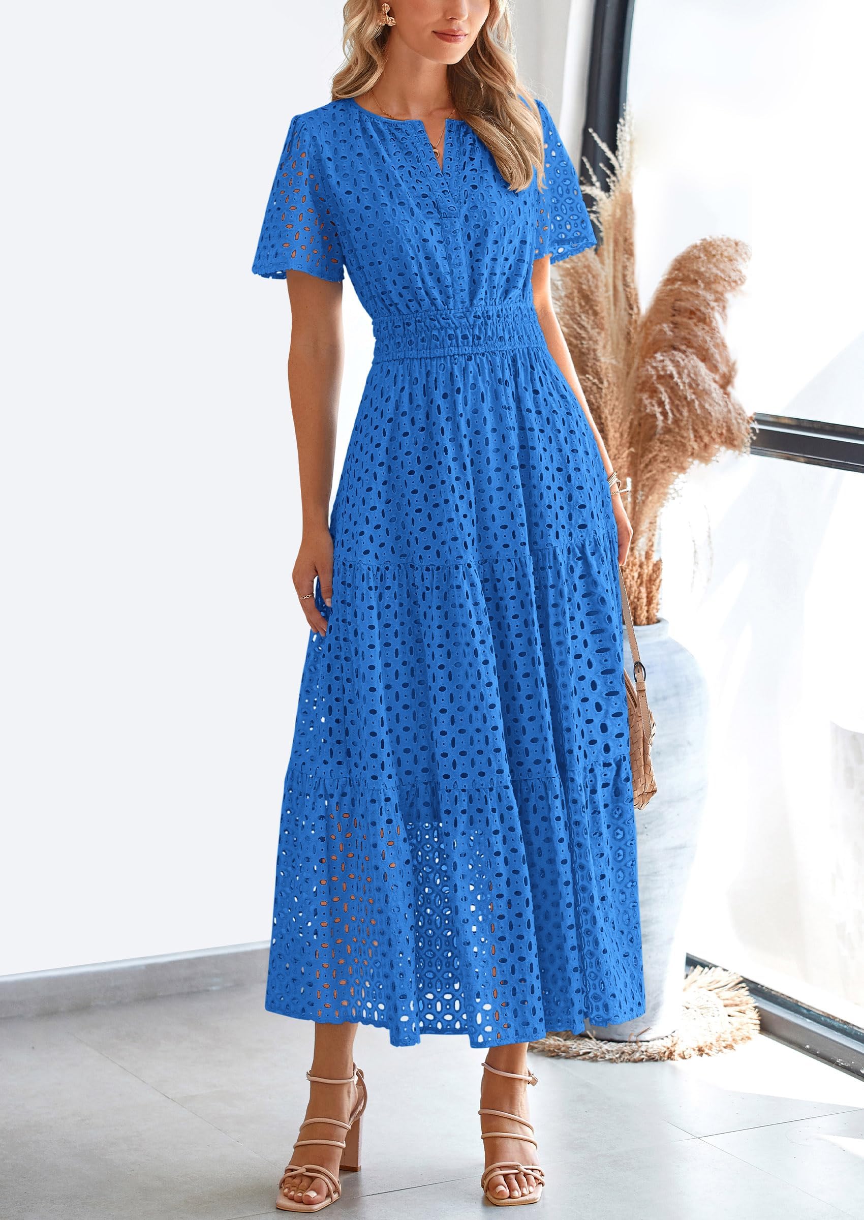 PRETTYGARDEN Womens Maxi Dress Short Sleeve V Neck Hollow Out Eyelet A PRETTYGARDEN Womens Maxi Dress Short Sleeve V Neck Hollow Out Eyelet A
