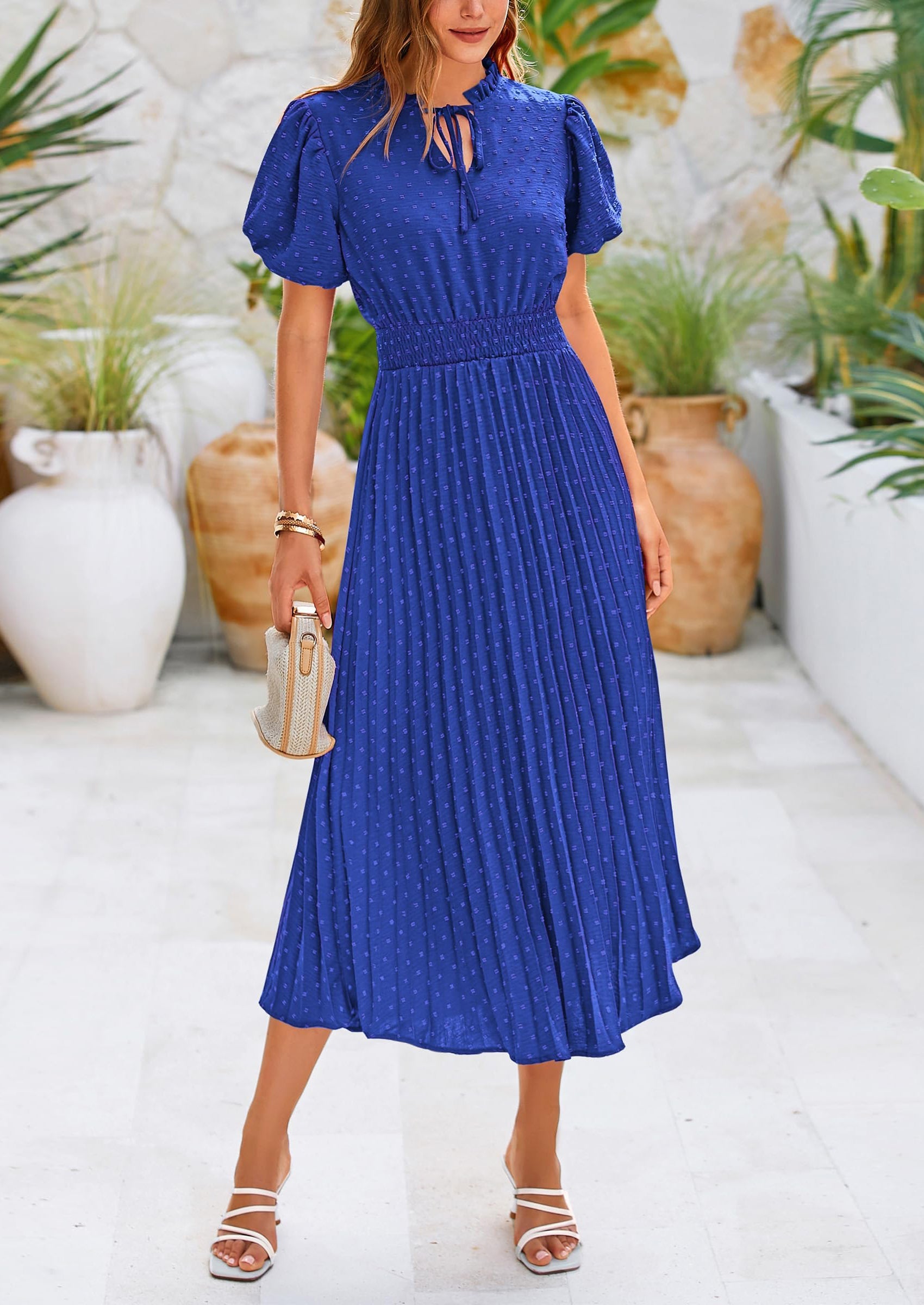 PRETTYGARDEN Womens Midi Dresses Puff Short Sleeve V Neck Swiss Dot Pl PRETTYGARDEN Womens Midi Dresses Puff Short Sleeve V Neck Swiss Dot Pl