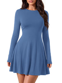 PRETTYGARDEN Womens Fall Mini Dress 2026 Crewneck Long Sleeve Tie Back Waist A Line Flowy Casual Dresses Fashion Outfits