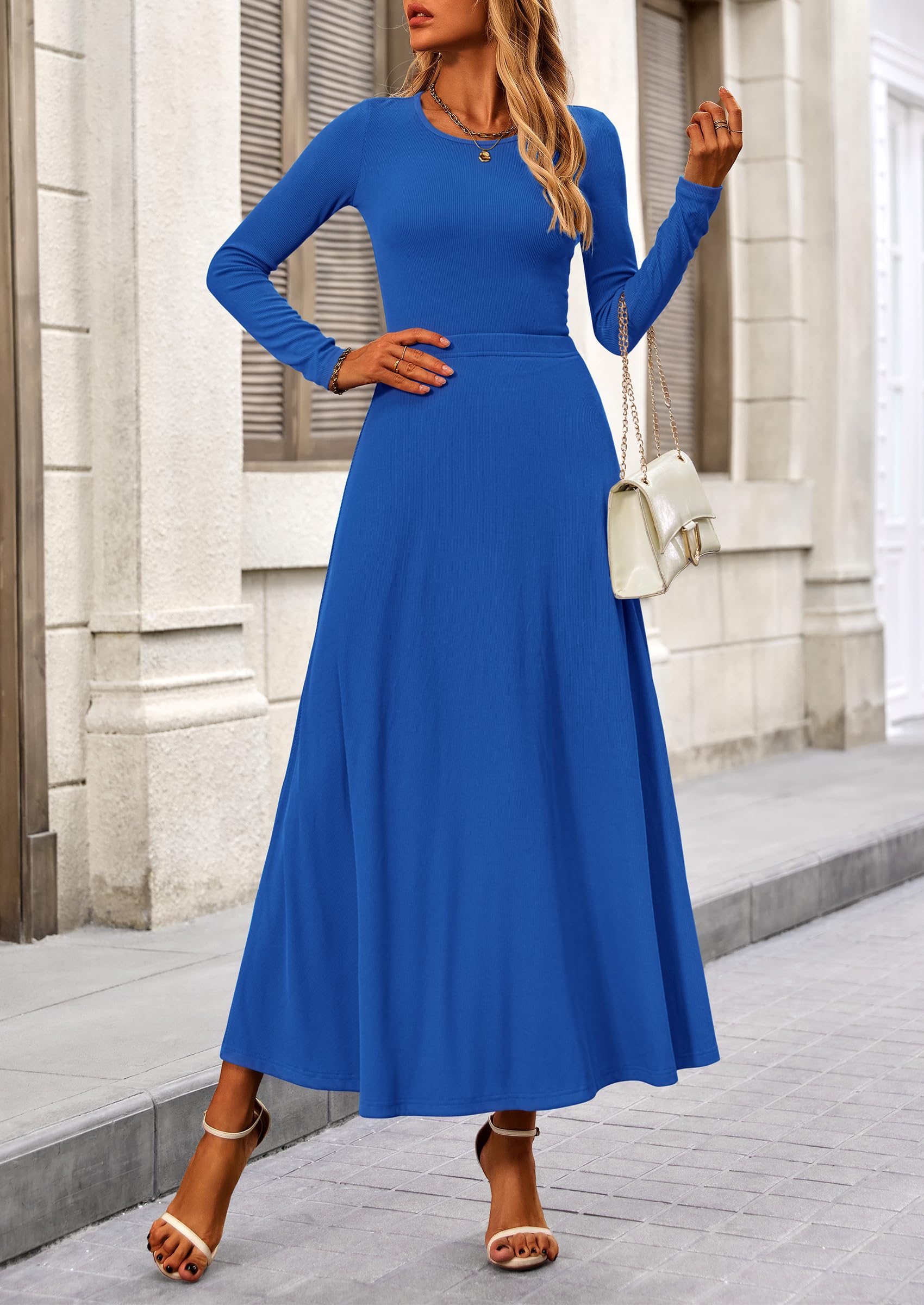 PRETTYGARDEN 2 Piece Casual Ribbed Knit Long Sleeve Crop Tops Maxi Flowy Skirts Matching Sets