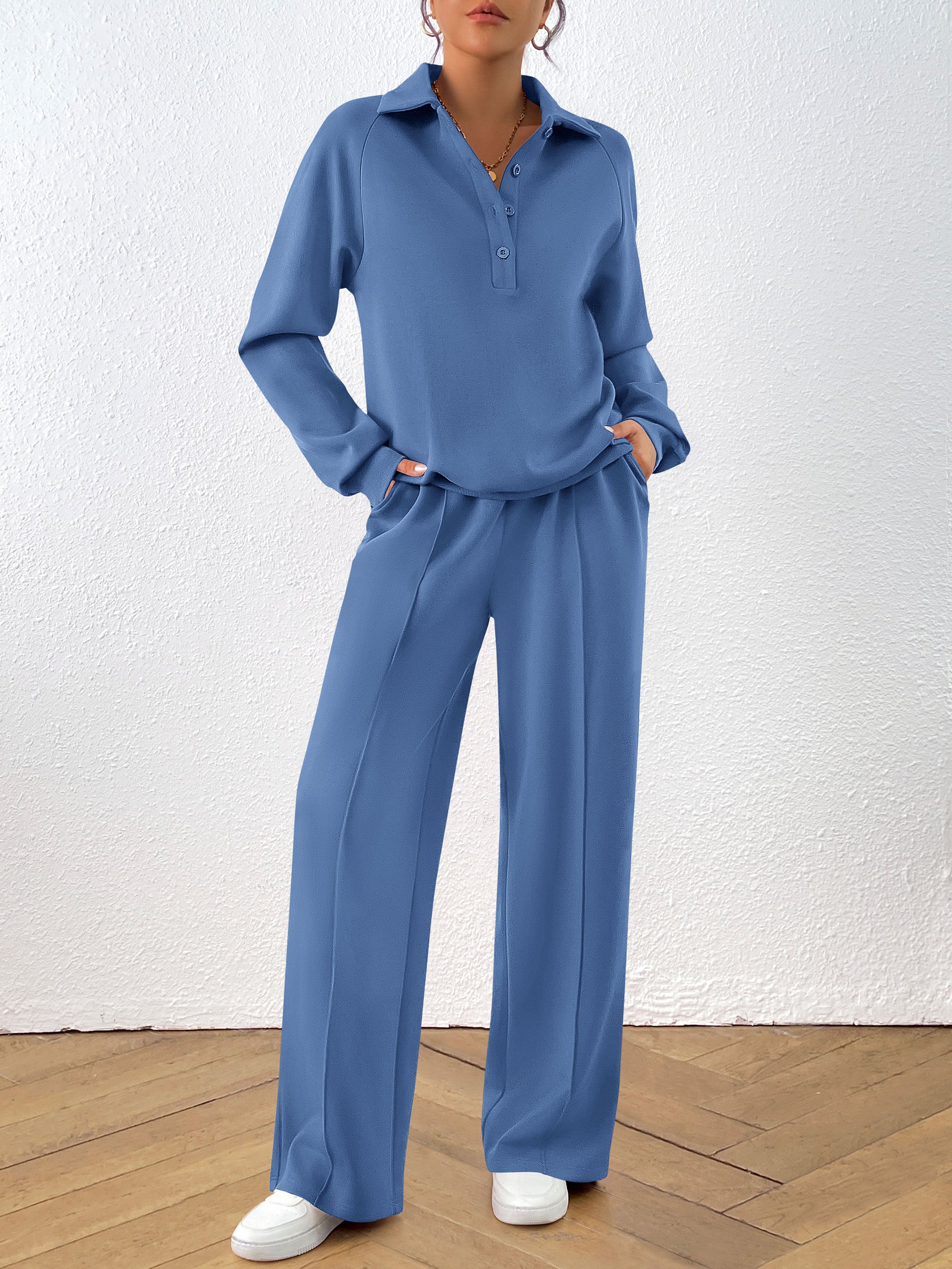 PRETTYGARDEN Women Fall 2 Piece Outfits Sweatsuits Quarter Button Long Sleeve Sweatshirt Wide Leg Pants Tracksuit Lounge Sets