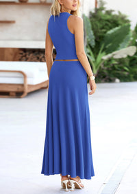 PRETTYGARDEN 2 Piece Maxi Skirt Sets Casual Knit Cropped Tank Top High Waisted Long Skirts Outfit