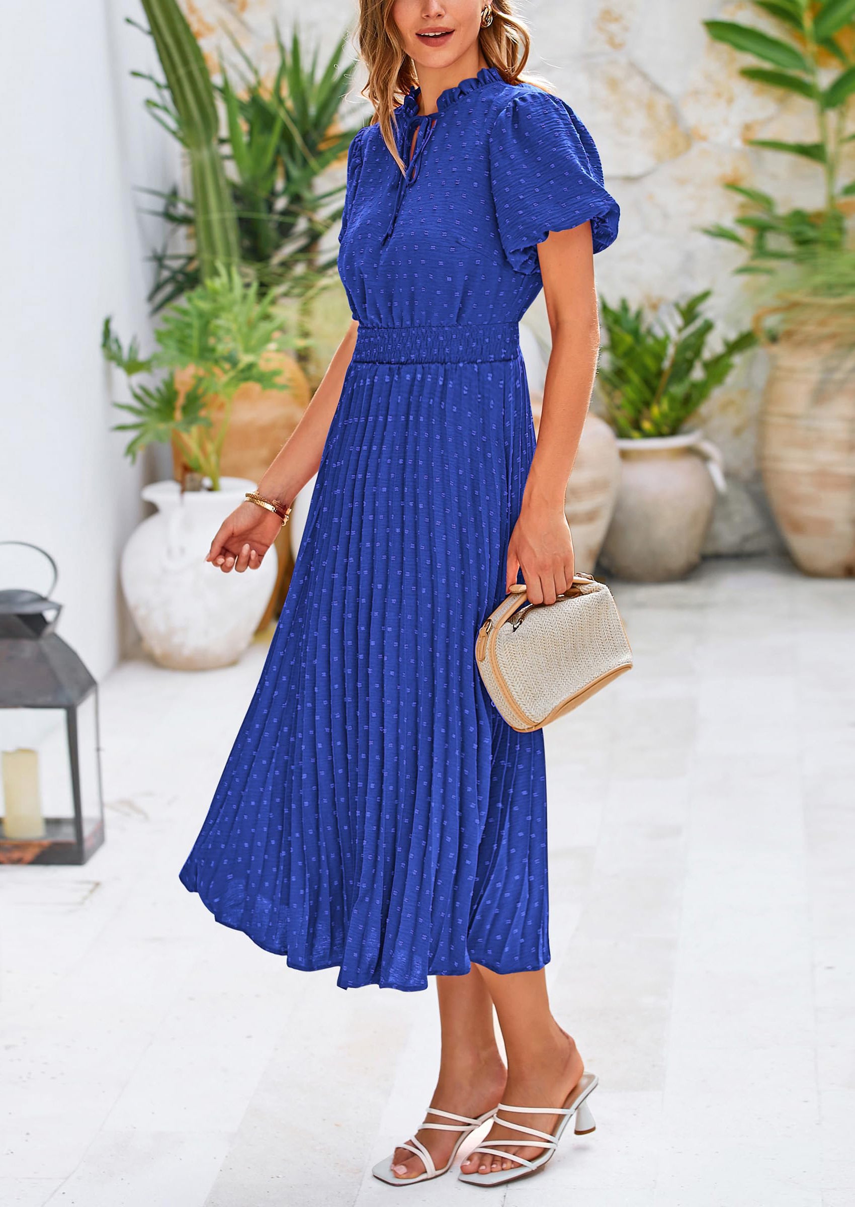 PRETTYGARDEN Womens Midi Dresses Puff Short Sleeve V Neck Swiss Dot Pleated A Line Flowy Long Wedding Guest Dress