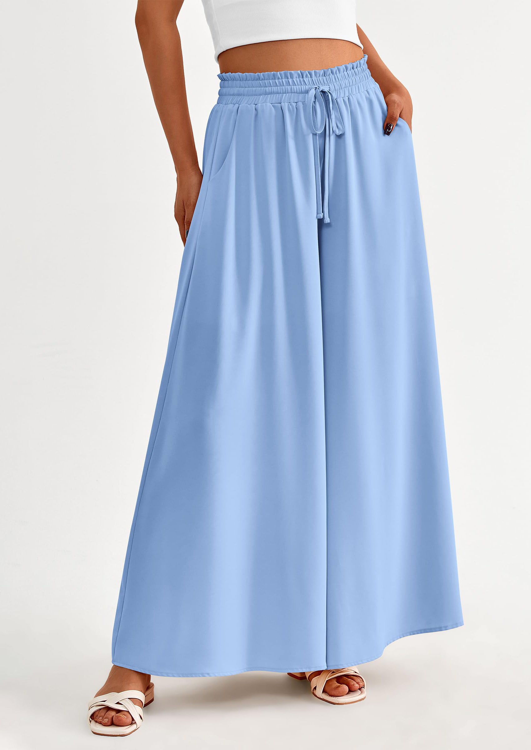 PRETTYGARDEN Women's Summer Wide Leg Palazzo Pants High Waisted Flowy Pockets Trendy Casual Lounge Boho Beach Trousers