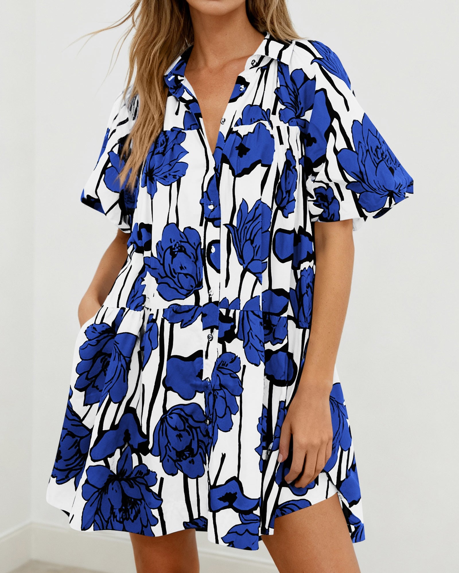 PRETTYGARDEN Womens Summer Dresses 2026 Casual Puff Sleeve Button Down Mini Shirt Dress Boho Floral Babydoll Sun Dress PRETTYGARDEN