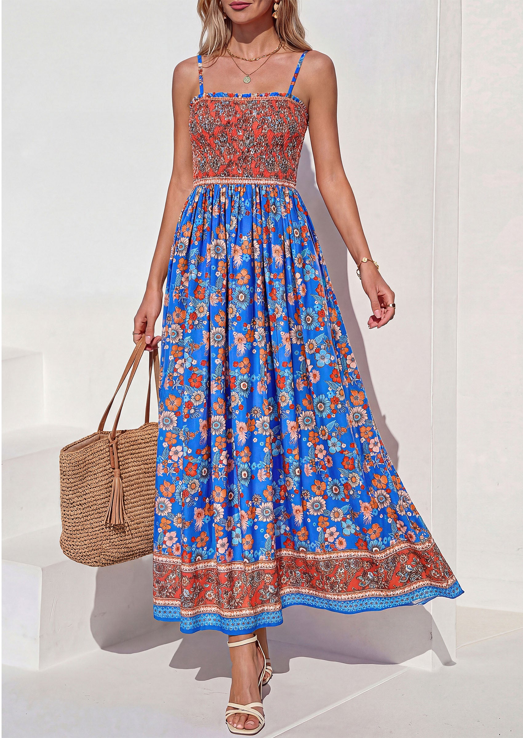 PRETTYGARDEN Womens Floral Maxi Dress Boho Casual 2026 Summer Spaghetti Strap Smocked Sleeveless Flowy Beach Vacation Dresses