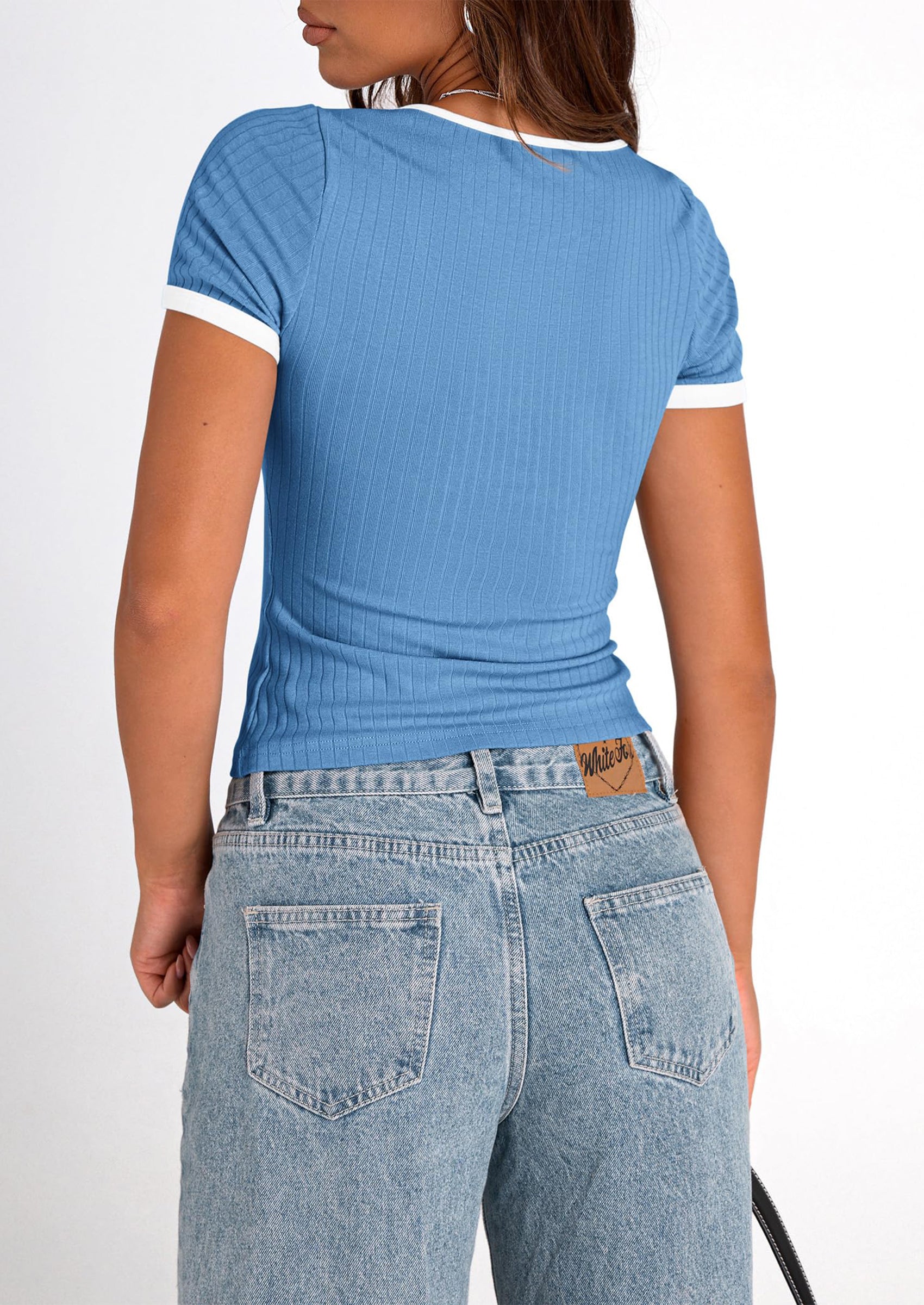 PRETTYGARDEN Women's Summer Short Sleeve T Shirts Ribbed Knit Square Neck Color Block Slim Fit Basic Casual Crop Tops Blouses