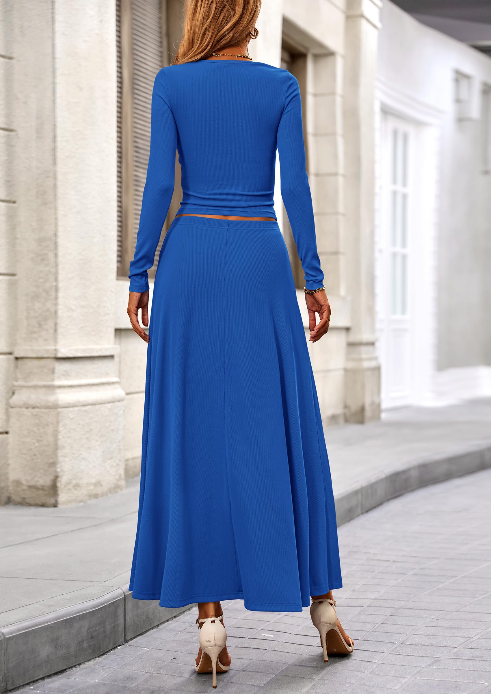 PRETTYGARDEN 2 Piece Casual Ribbed Knit Long Sleeve Crop Tops Maxi Flowy Skirts Matching Sets