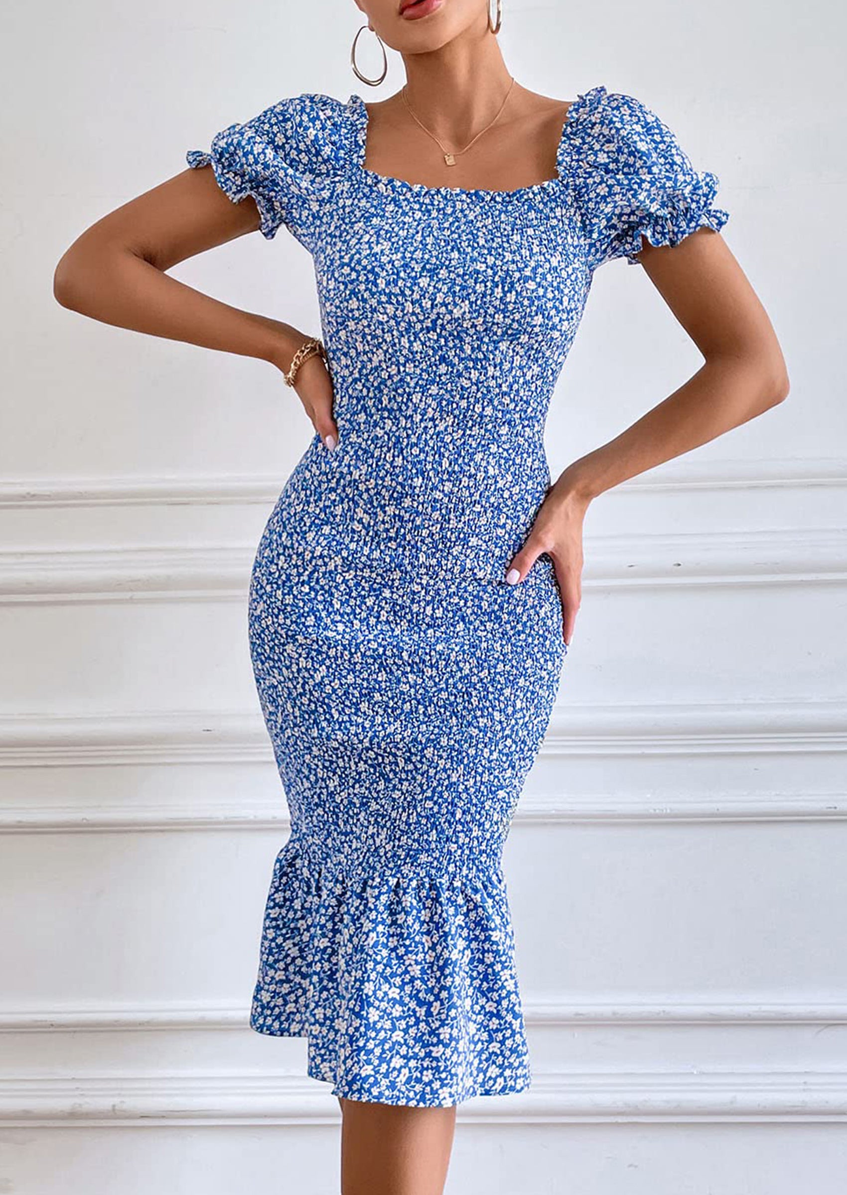 PRETTYGARDEN Bodycon Midi Dresses Summer Floral Puff Sleeve Mermaid Cocktail Baby Shower Photoshoot Maternity Dress