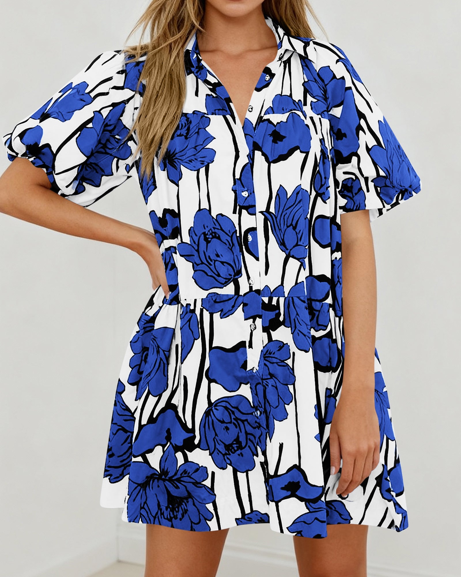 PRETTYGARDEN Womens Summer Dresses 2026 Casual Puff Sleeve Button Down Mini Shirt Dress Boho Floral Babydoll Sun Dress PRETTYGARDEN