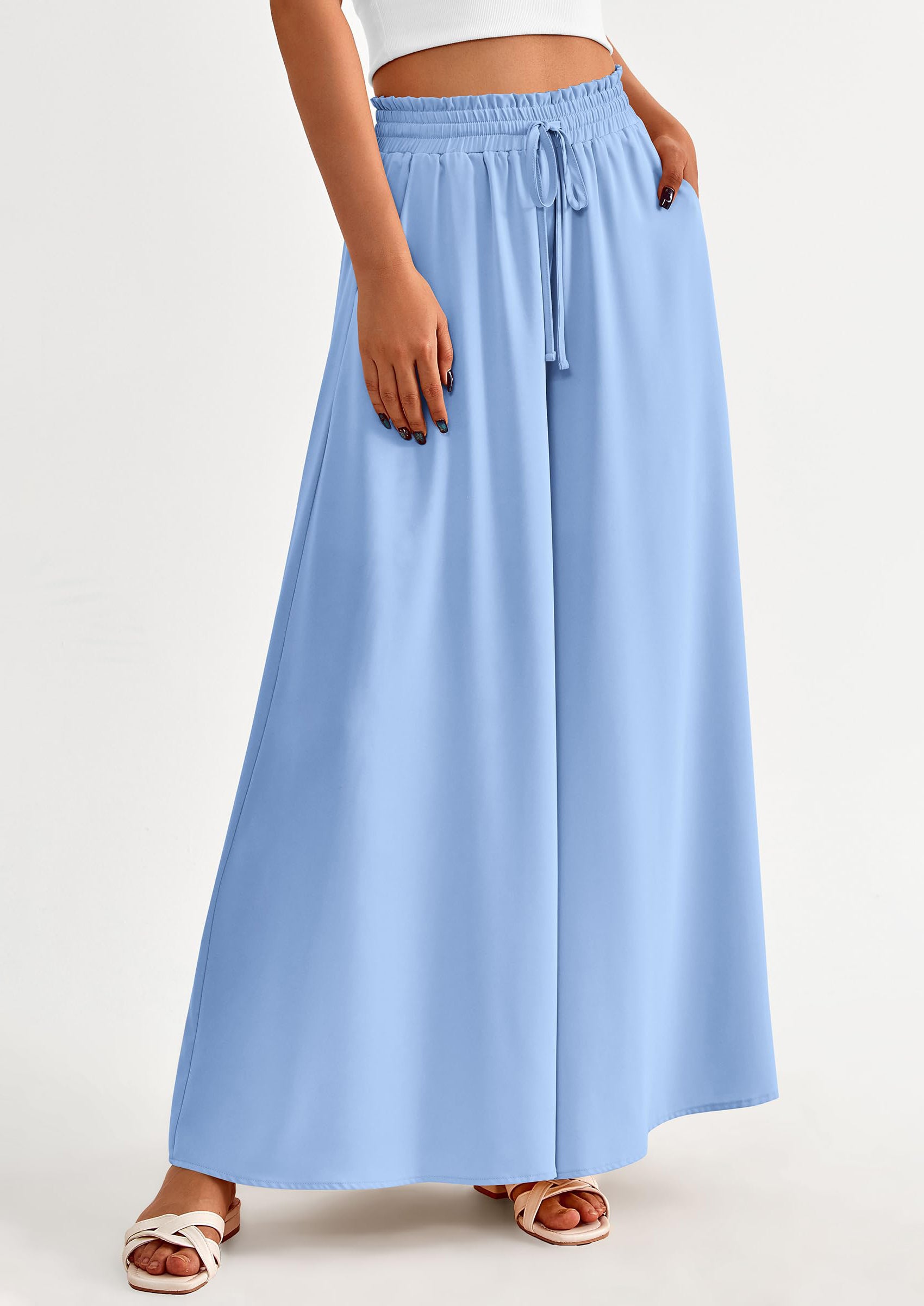 PRETTYGARDEN Women's Summer Wide Leg Palazzo Pants High Waisted Flowy Pockets Trendy Casual Lounge Boho Beach Trousers