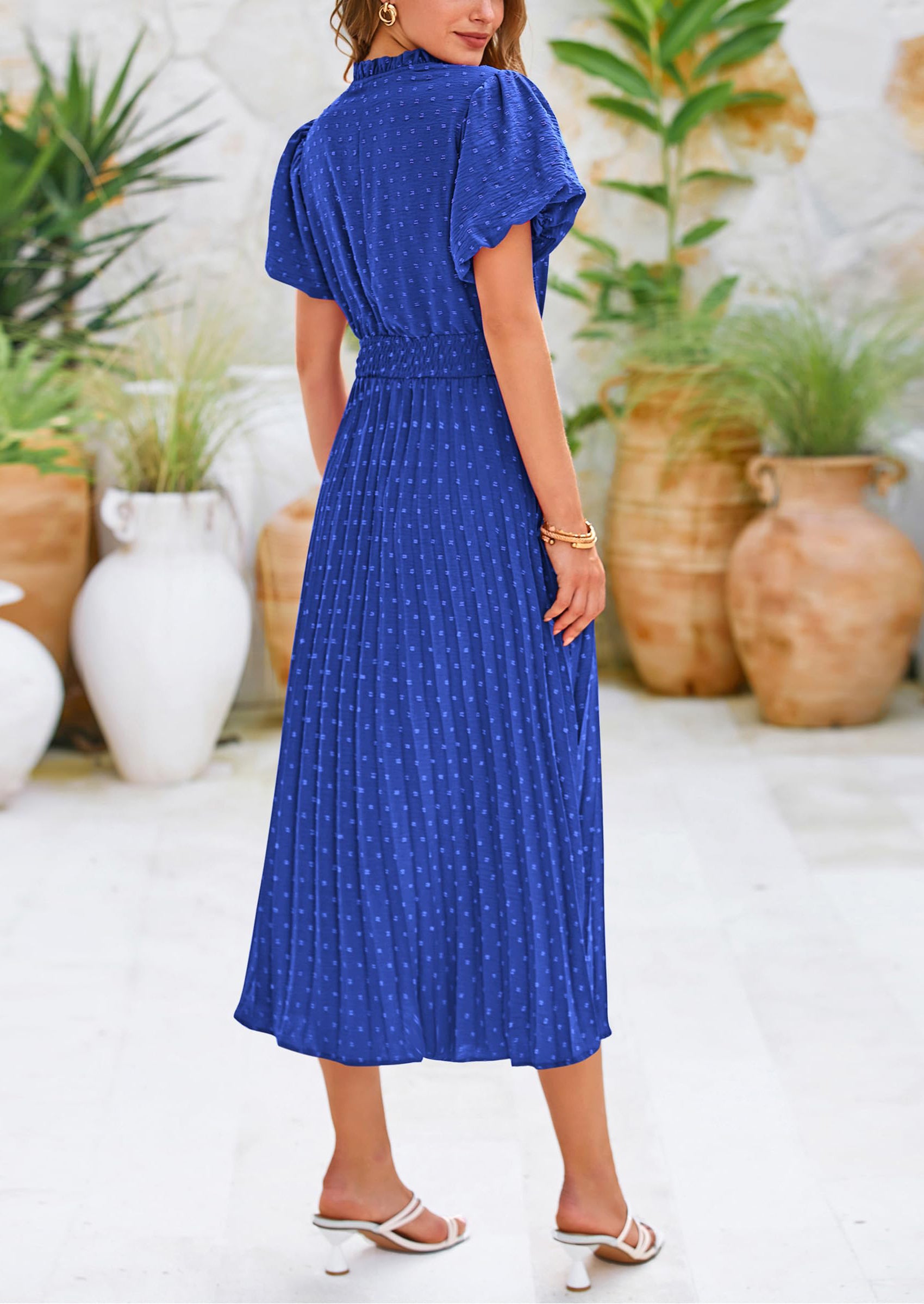 PRETTYGARDEN Womens Midi Dresses Puff Short Sleeve V Neck Swiss Dot Pleated A Line Flowy Long Wedding Guest Dress