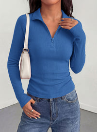 PRETTYGARDEN Women's Fall Quarter Zip Long Sleeve Shirts | Soft Stretchy Ribbed Knit, Collared Zipper Slim Fitted, Raglan Sleeves Pullover, Dressy Casual Tops, Trendy Going Out Outfits