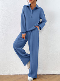 PRETTYGARDEN Women Fall 2 Piece Outfits Sweatsuits Quarter Button Long Sleeve Sweatshirt Wide Leg Pants Tracksuit Lounge Sets