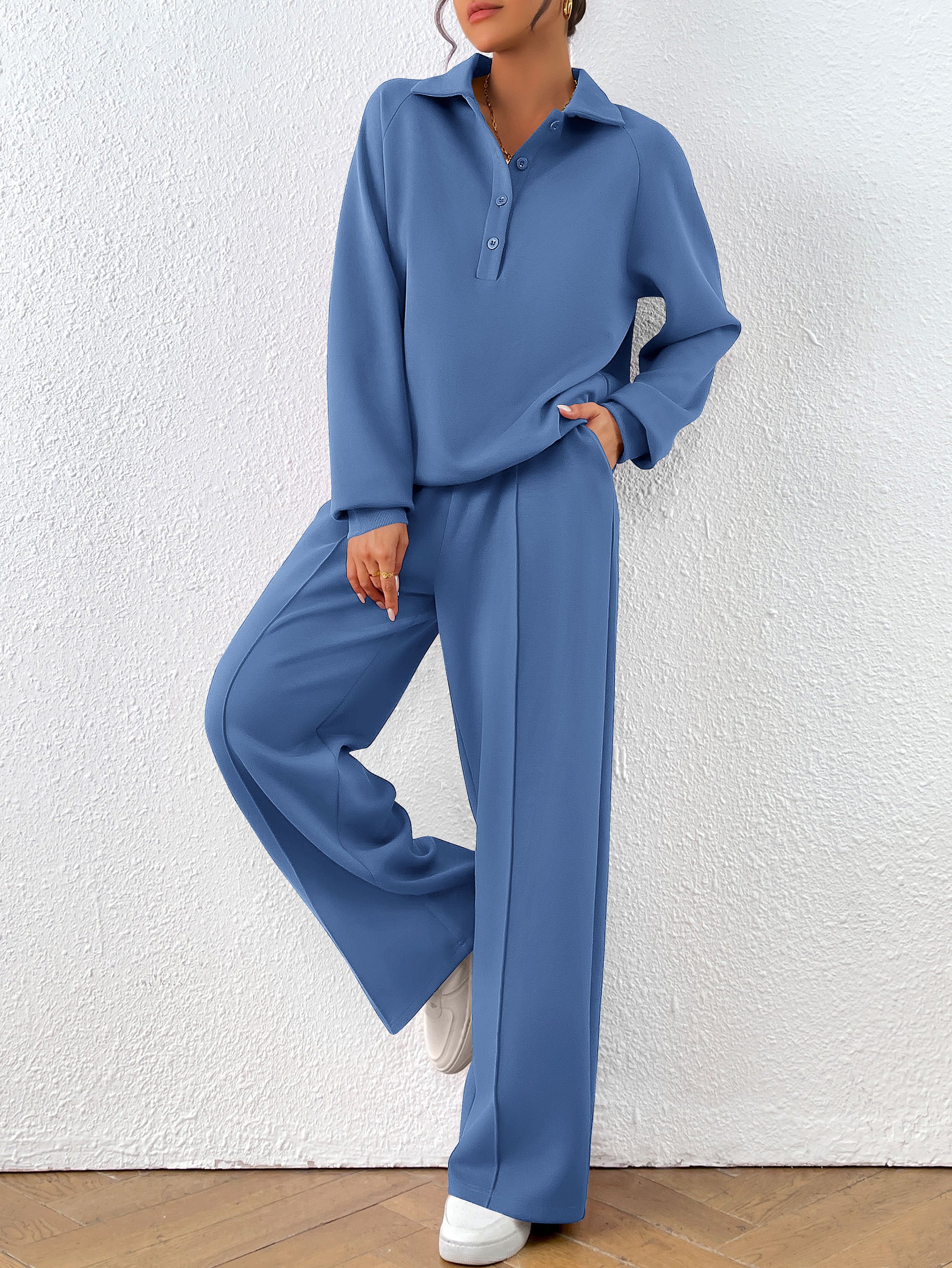 PRETTYGARDEN Women Fall 2 Piece Outfits Sweatsuits Quarter Button Long Sleeve Sweatshirt Wide Leg Pants Tracksuit Lounge Sets
