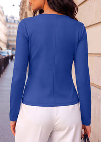 PRETTYGARDEN Womens Ruched Tops Casual Long Sleeve Shirt  Soft Stretchy Knit, Round Neck Slim Fitted Shape, Pleated Asymmetrical Hem, Office Work Daily Wear, Trendy Fall Outfits