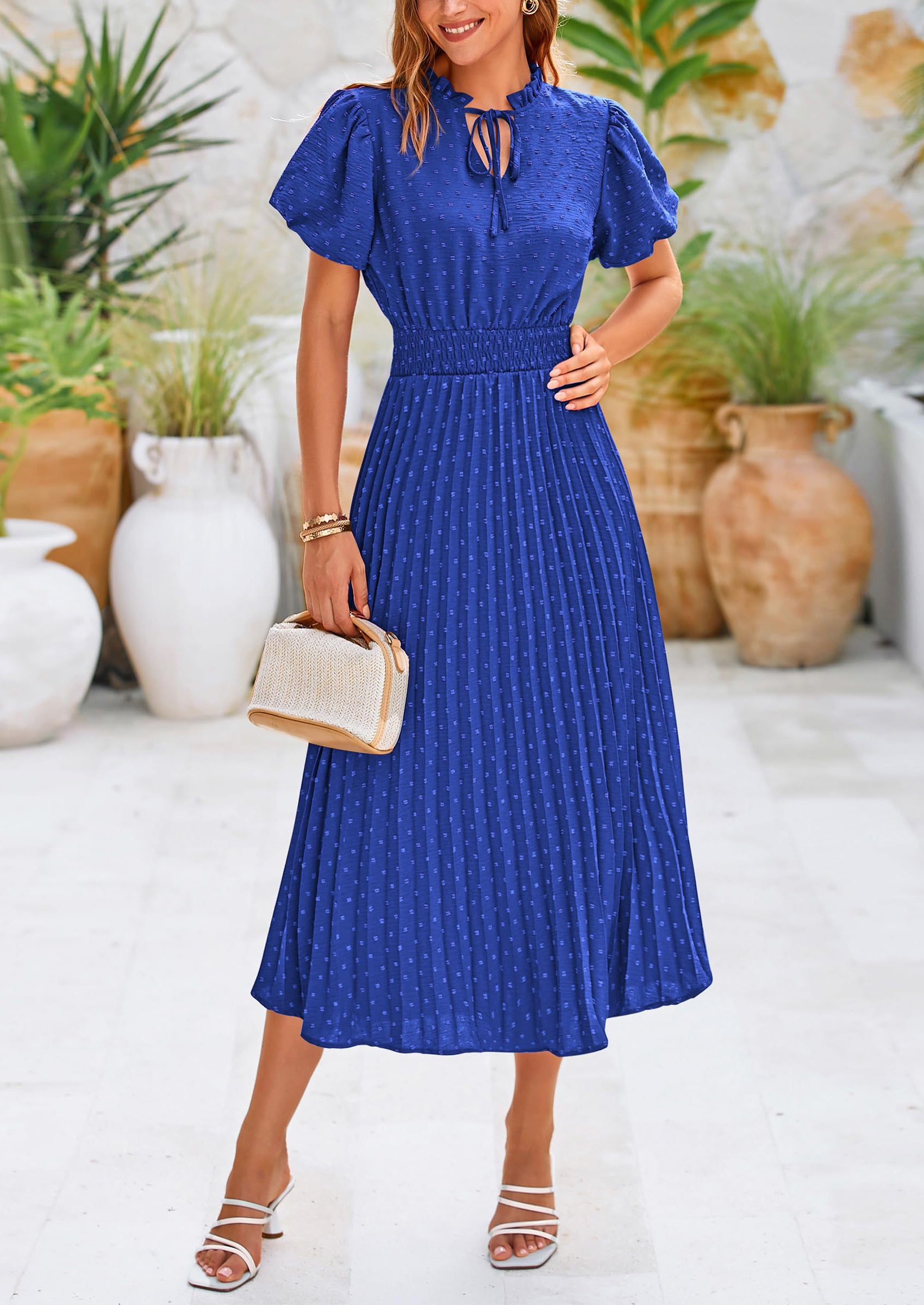 PRETTYGARDEN Womens Midi Dresses Puff Short Sleeve V Neck Swiss Dot Pleated A Line Flowy Long Wedding Guest Dress