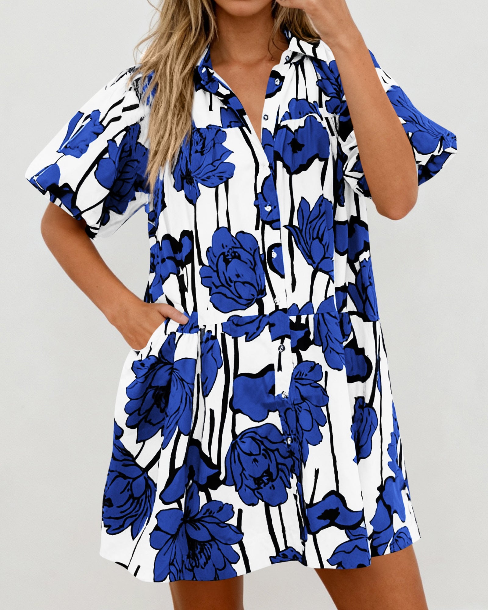 PRETTYGARDEN Womens Summer Dresses 2026 Casual Puff Sleeve Button Down Mini Shirt Dress Boho Floral Babydoll Sun Dress PRETTYGARDEN