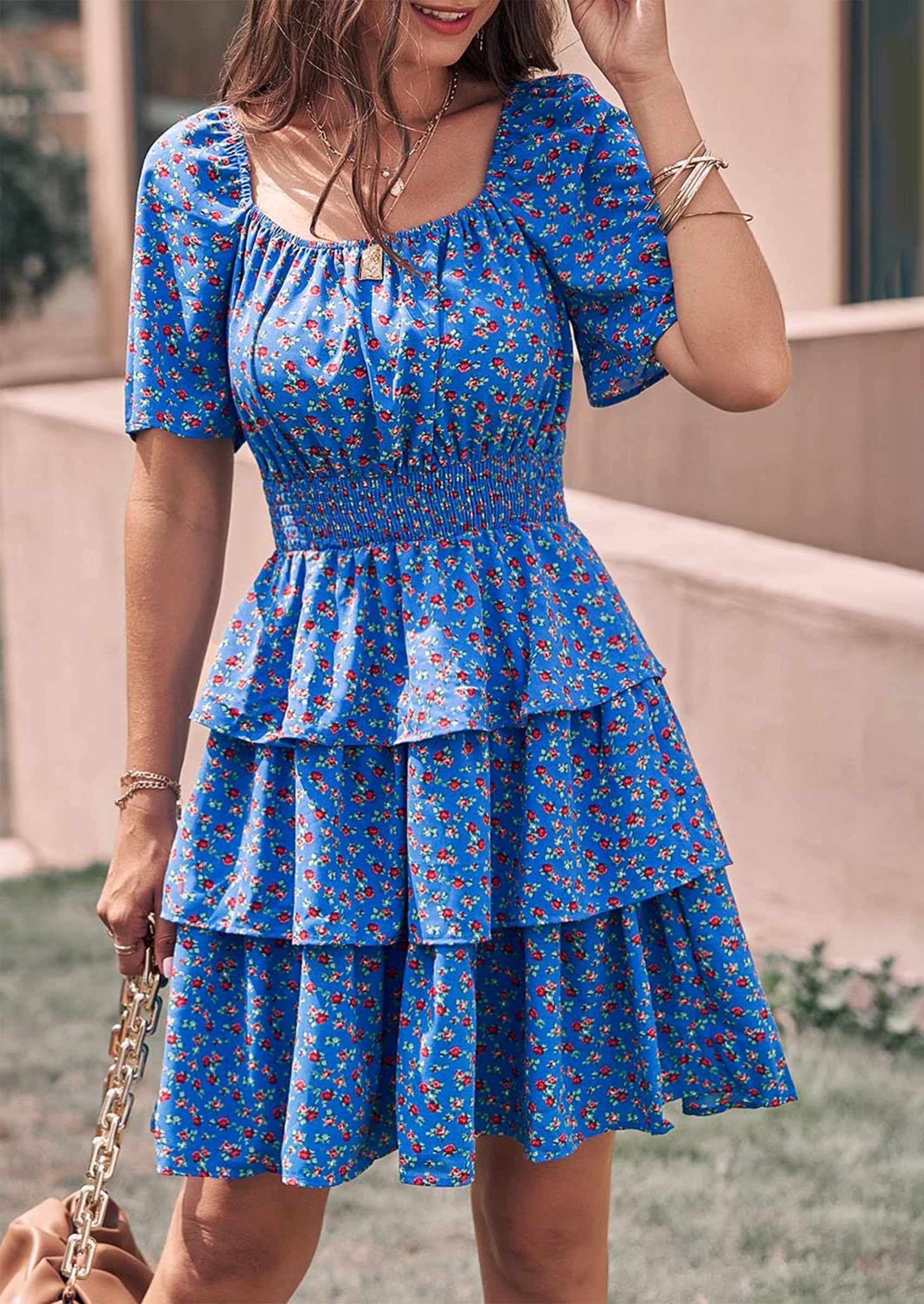 PRETTYGARDEN Women Floral Square Neck Short Sleeve Tiered Ruffle Boho Mini Dresses