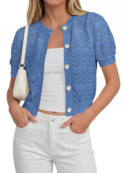 PRETTYGARDEN Summer Crochet Cardigan Sweaters for Women Cropped Button Short Sleeve Sweater Lightweight Knit Spring Tops PRETTYGARDEN