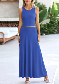 PRETTYGARDEN 2 Piece Maxi Skirt Sets Casual Knit Cropped Tank Top High Waisted Long Skirts Outfit