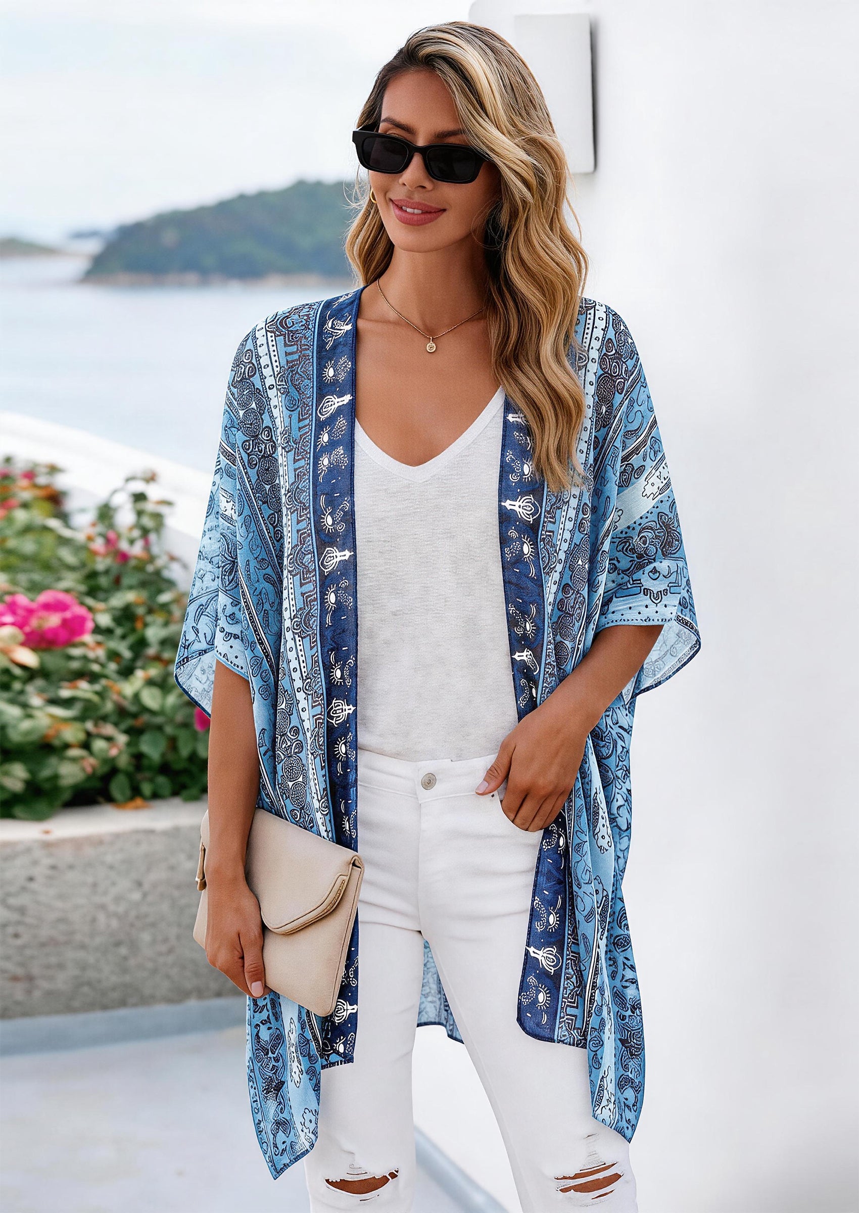 PRETTYGARDEN Summer Kimonos for Women Boho Floral Short Sleeve Kimono Cardigans Swimsuit Beach Cover Ups for Women Swimwear PRETTYGARDEN