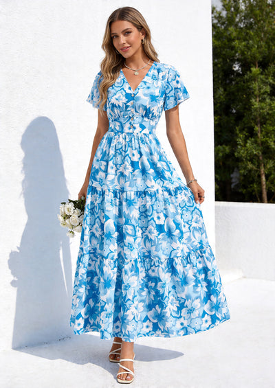PRETTYGARDEN Women Summer Maxi Dresses Short Sleeve V Neck Button Floral Tiered Flowy Boho Sundress Beach Outfits