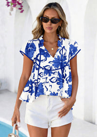 PRETTYGARDEN Womens Summer Tops Cute Puff Sleeve Ruffle V Neck Babydoll T-Shirts Boho Floral Spring Peplum Shirts