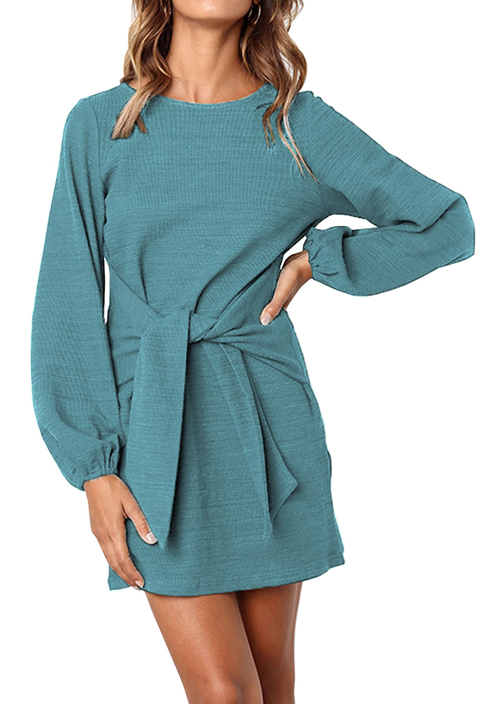 PRETTYGARDEN Womens Fall Elegant Long Lantern Sleeve Short Dress Wedding Guest Crewneck Tie Waist Knit Cocktail Dresses PRETTYGARDEN