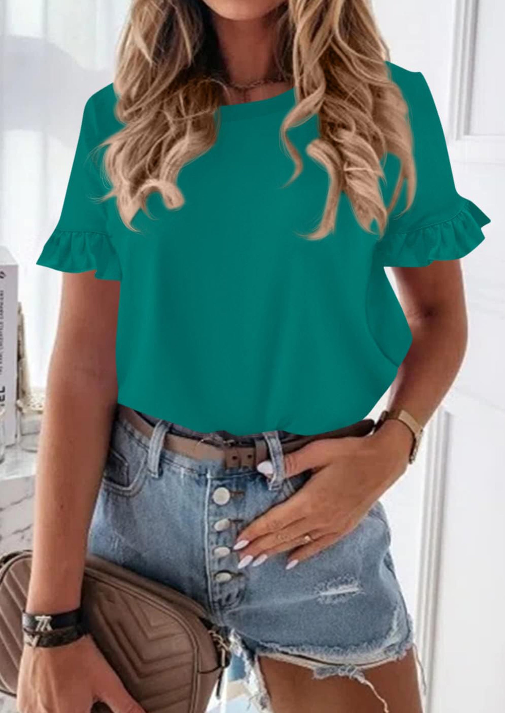 PRETTYGARDEN Women's Short Sleeve Casual T Shirts Summer Ruffle Plain Round Neck Loose Fit Tee Blouse Tops PRETTYGARDEN