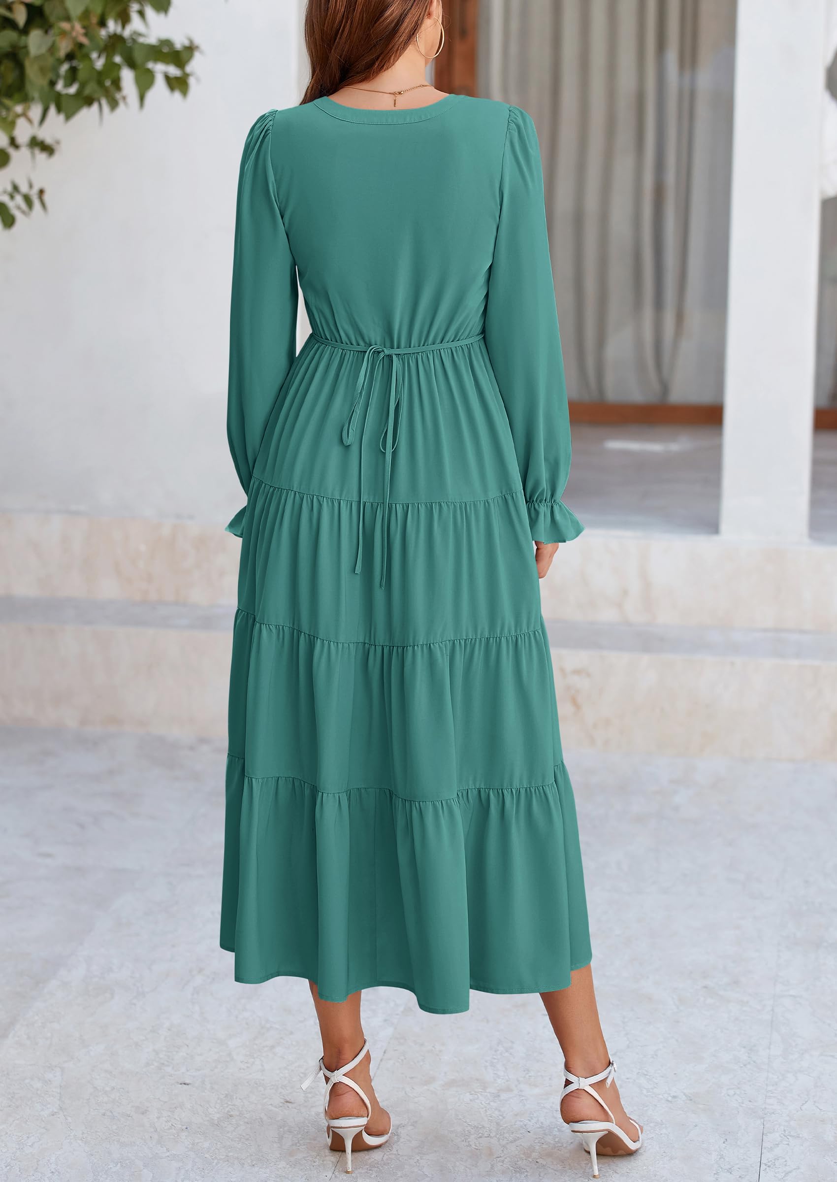 PRETTYGARDEN Women Fall Long Sleeve Smocked Maxi Dress Casual Square Neck Swiss Dot Tiered Ruffle Flowy Spring Pocket Dresses