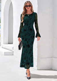 PRETTYGARDEN Women's Long Sleeve Maxi Floral Mesh Fall Wedding Guest Dress