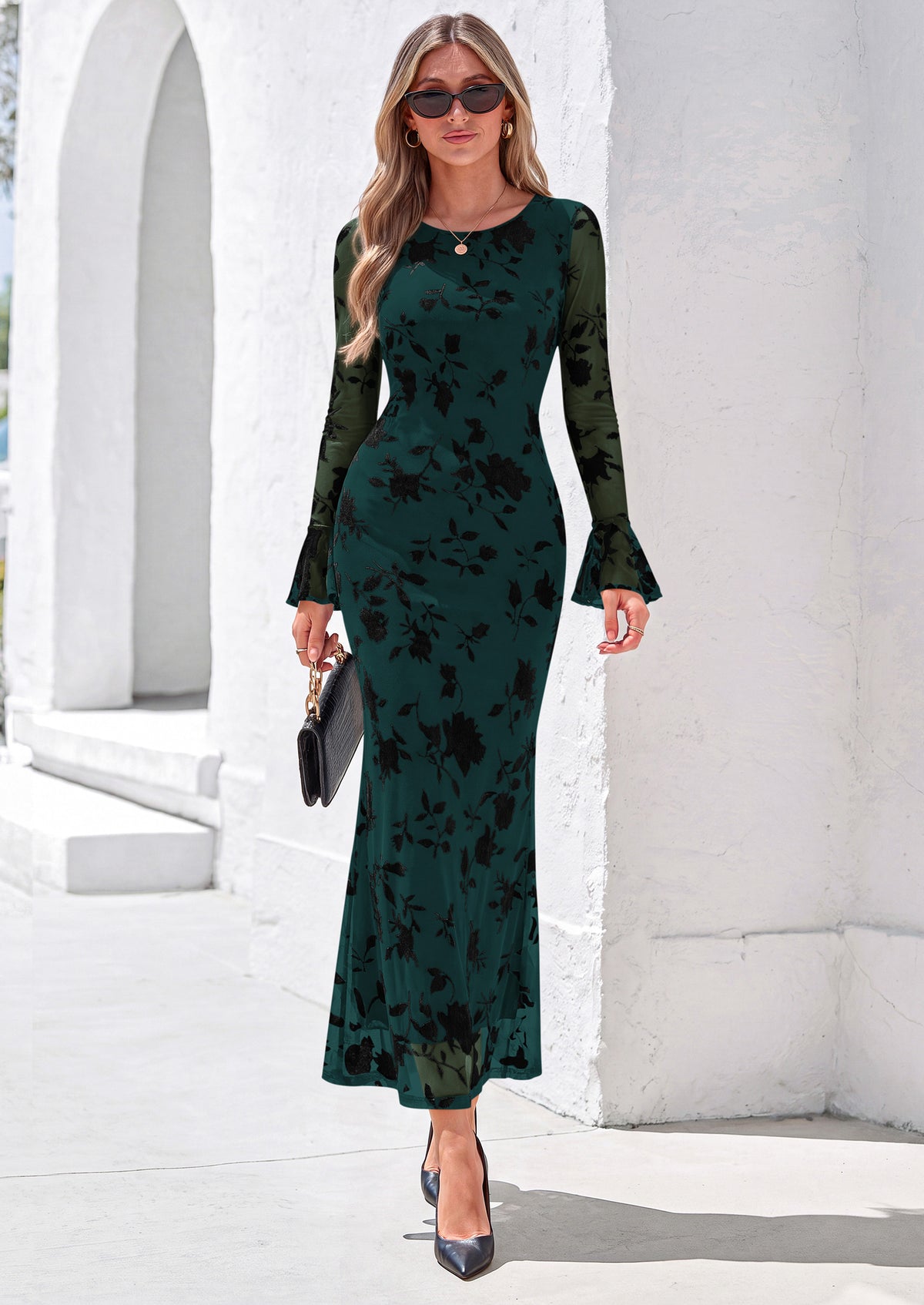 PRETTYGARDEN Women's Long Sleeve Maxi Floral Mesh Fall Wedding Guest Dress