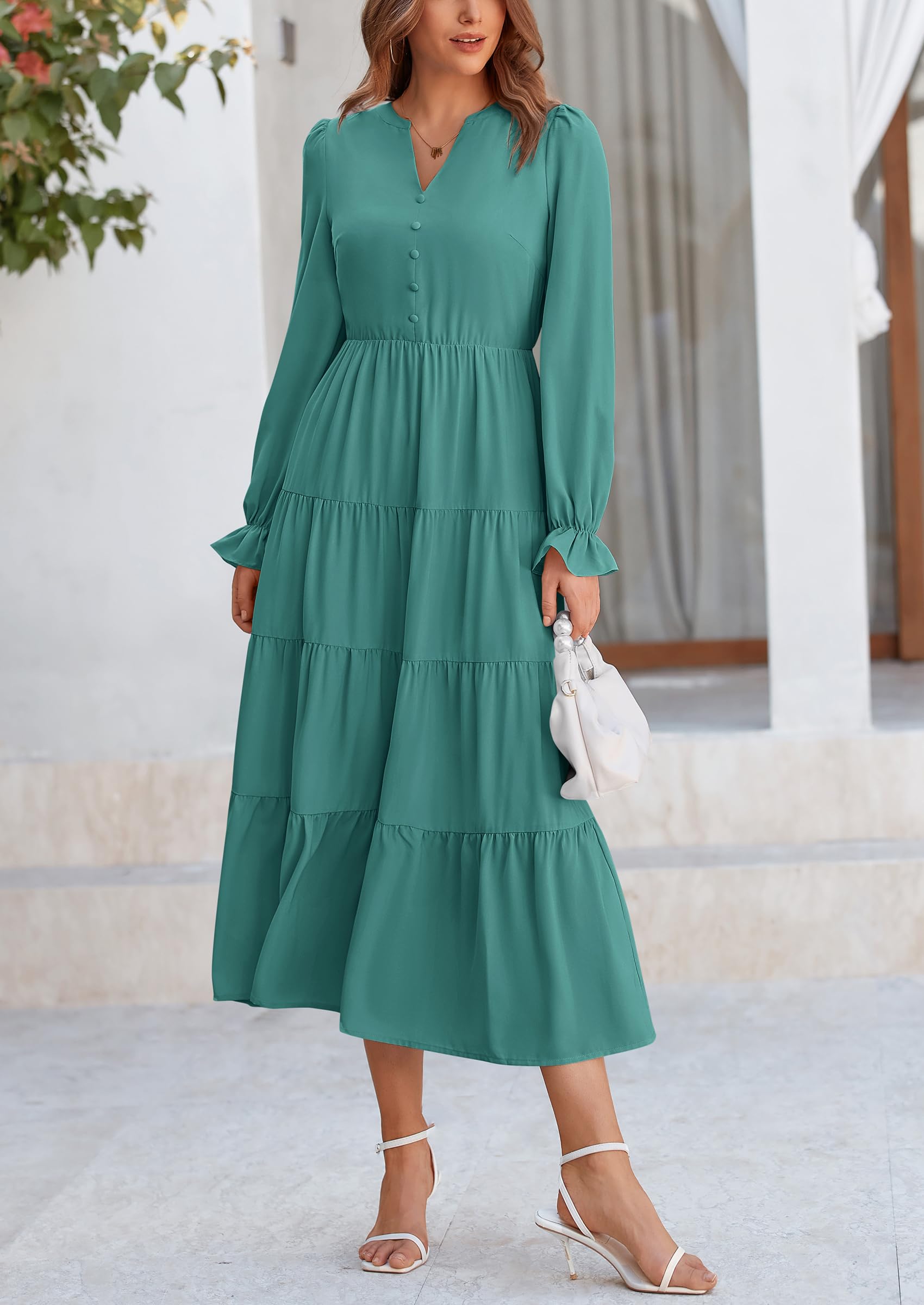 PRETTYGARDEN Women Fall Long Sleeve Smocked Maxi Dress Casual Square Neck Swiss Dot Tiered Ruffle Flowy Spring Pocket Dresses