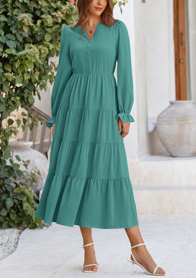 PRETTYGARDEN Women Fall Long Sleeve Smocked Maxi Dress Casual Square Neck Swiss Dot Tiered Ruffle Flowy Spring Pocket Dresses