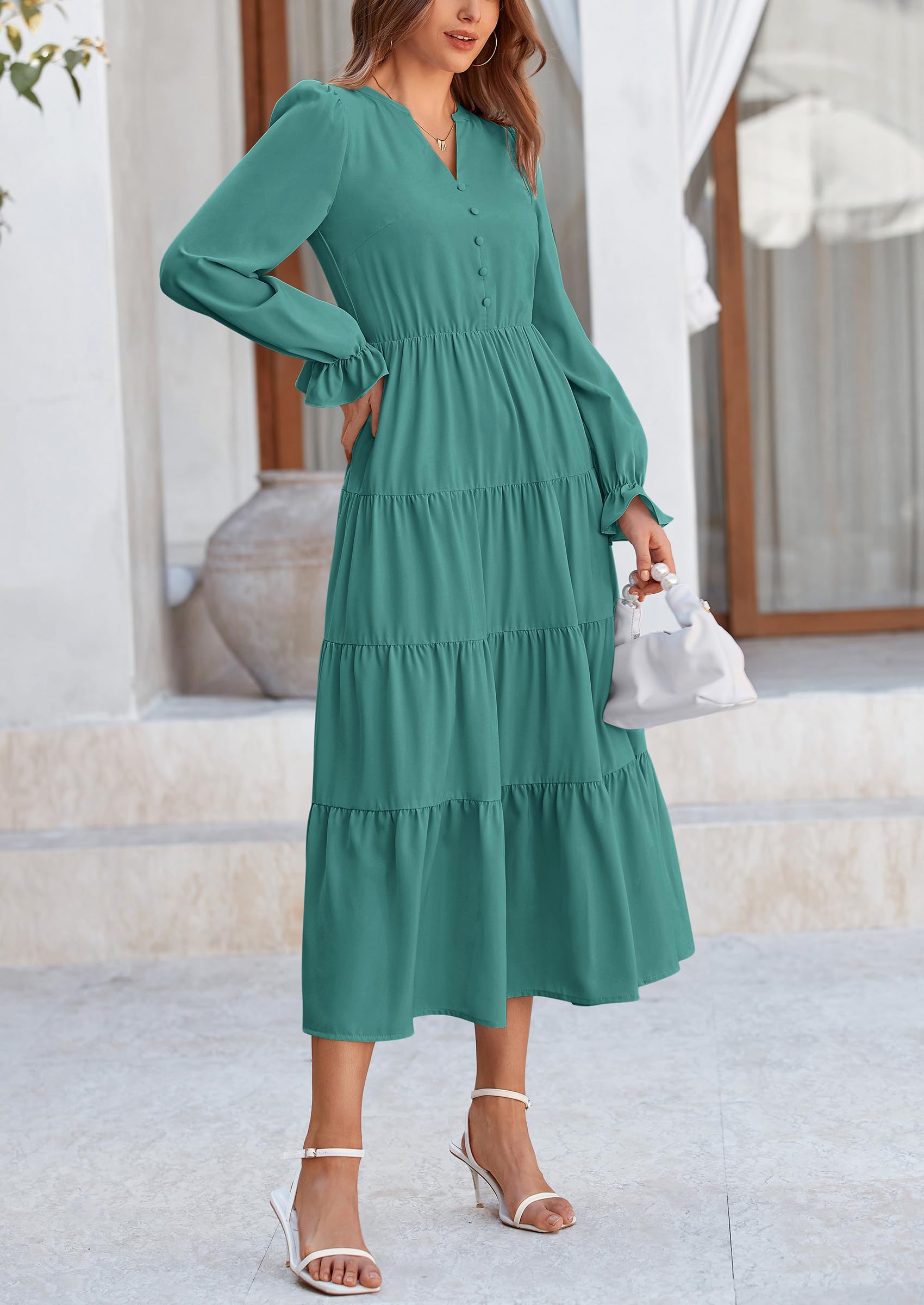 PRETTYGARDEN Women Fall Long Sleeve Smocked Maxi Dress Casual Square Neck Swiss Dot Tiered Ruffle Flowy Spring Pocket Dresses