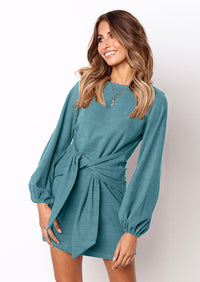 PRETTYGARDEN Womens Fall Elegant Long Lantern Sleeve Short Dress Wedding Guest Crewneck Tie Waist Knit Cocktail Dresses PRETTYGARDEN