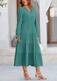 PRETTYGARDEN Women Fall Long Sleeve Smocked Maxi Dress Casual Square Neck Swiss Dot Tiered Ruffle Flowy Spring Pocket Dresses