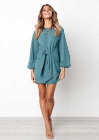 PRETTYGARDEN Womens Fall Elegant Long Lantern Sleeve Short Dress Wedding Guest Crewneck Tie Waist Knit Cocktail Dresses PRETTYGARDEN