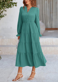 PRETTYGARDEN Women Fall Long Sleeve Smocked Maxi Dress Casual Square Neck Swiss Dot Tiered Ruffle Flowy Spring Pocket Dresses