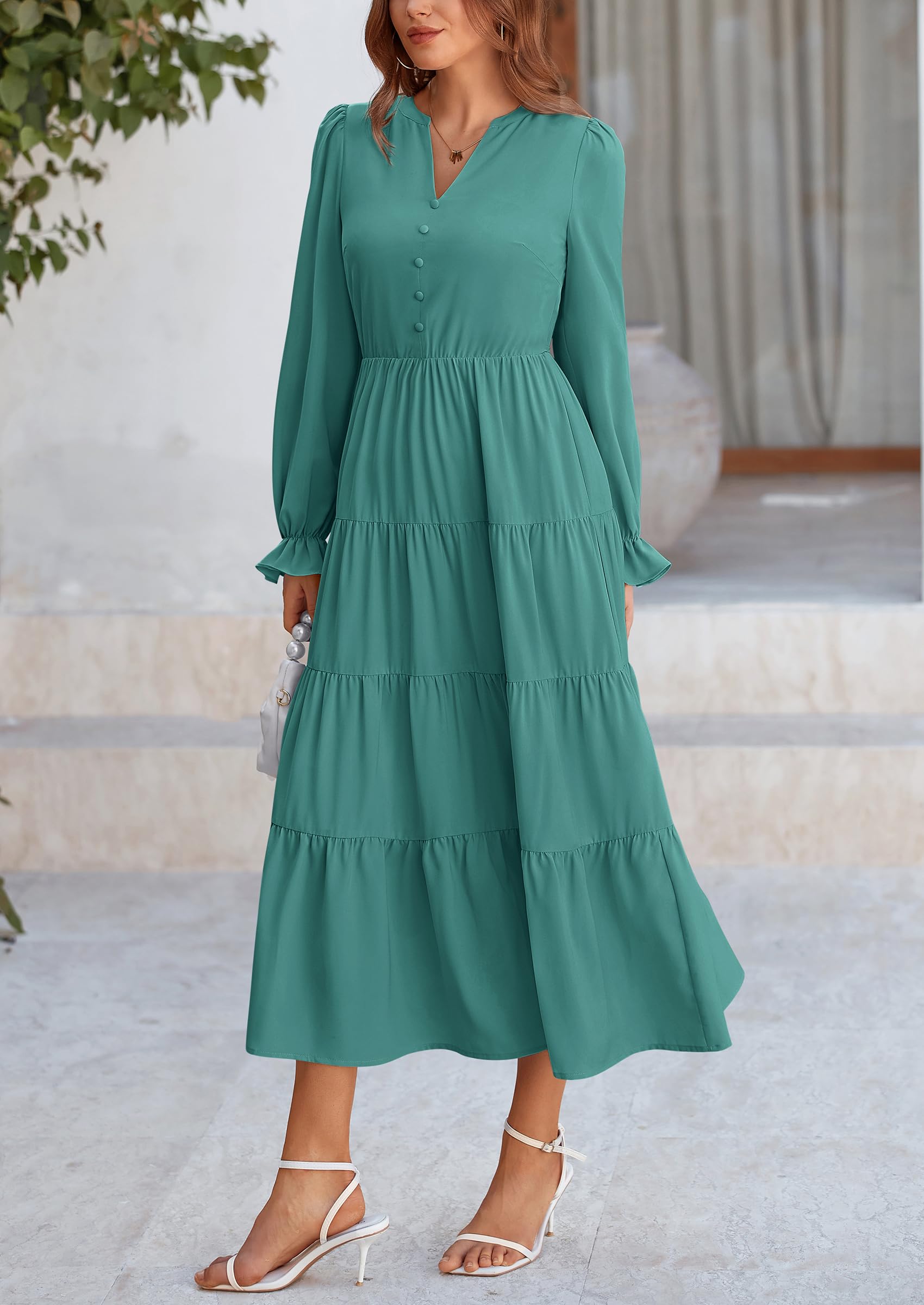 PRETTYGARDEN Women Fall Long Sleeve Smocked Maxi Dress Casual Square Neck Swiss Dot Tiered Ruffle Flowy Spring Pocket Dresses