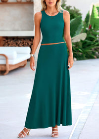 PRETTYGARDEN 2 Piece Maxi Skirt Sets Casual Knit Cropped Tank Top High Waisted Long Skirts Outfit