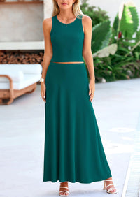 PRETTYGARDEN 2 Piece Maxi Skirt Sets Casual Knit Cropped Tank Top High Waisted Long Skirts Outfit
