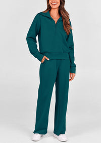 PRETTYGARDEN Women's 2 Piece Outfits Casual Lapel Half Zip Sweatshirts And Wide Leg Pants Tracksuit Sets