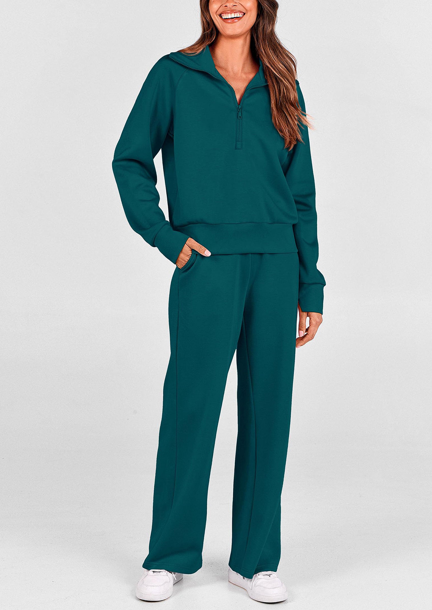 PRETTYGARDEN Women's 2 Piece Outfits Casual Lapel Half Zip Sweatshirts And Wide Leg Pants Tracksuit Sets